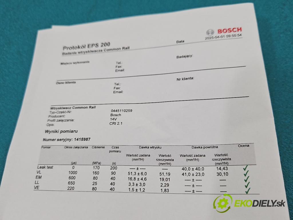 Peugeot 307 1.6 HDI 90 HP manual 66 kW 1560 cm3 5- vstrek 0445110259 (Vstrekovač paliva)