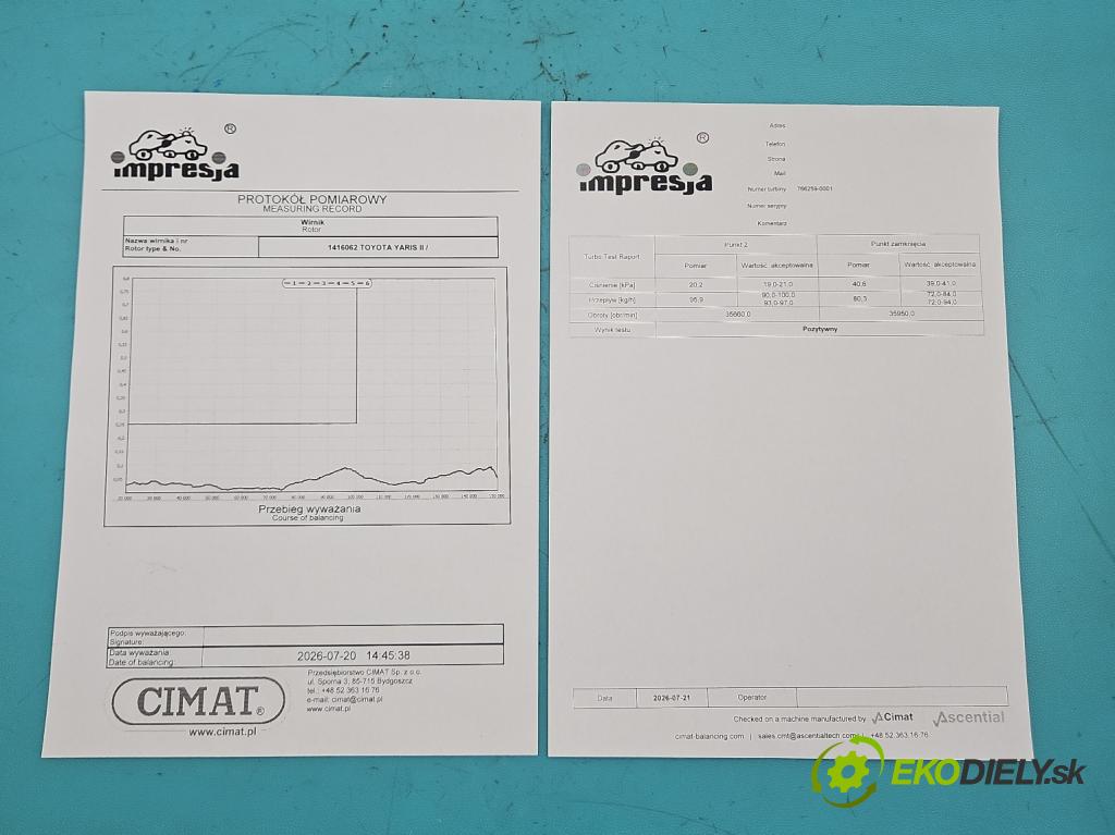Toyota Yaris II 2005-2011 1.4 D4D 90 HP manual 66 kW 1364 cm3 5- turbodúchadlo, turbo repasovaná 766259-1