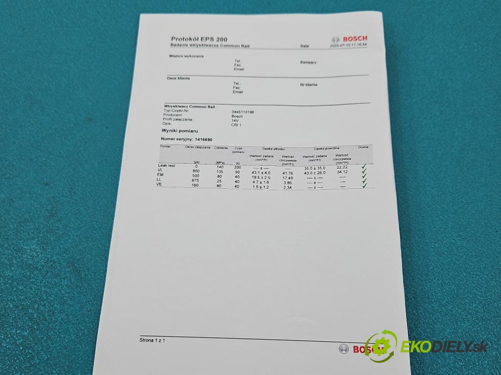Mercedes A W168 1997-2004 1.7 cdi 95 hp manual 70 kW 1689 cm3 5- vstřikovač 0445110196 (Vstřikovač paliva)
