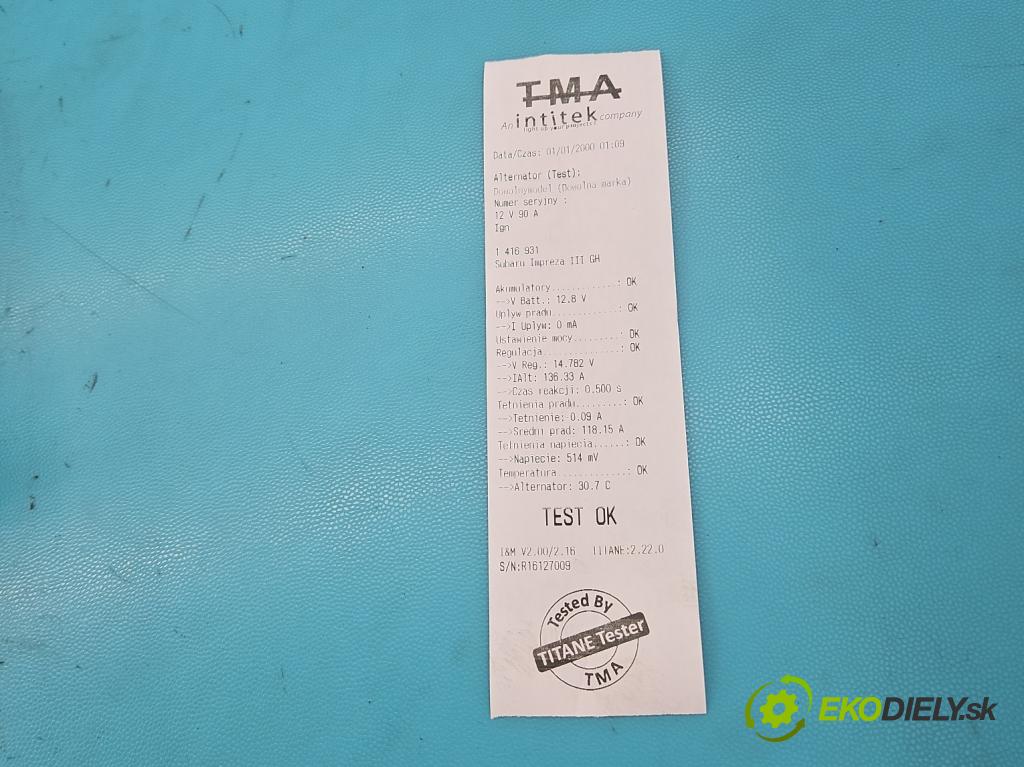 Subaru Impreza III GH 2007-2012 1.5 boxer 107 HP manual 79 kW 1498 cm3 5- Alternator A2TG0391 (Alternátory)