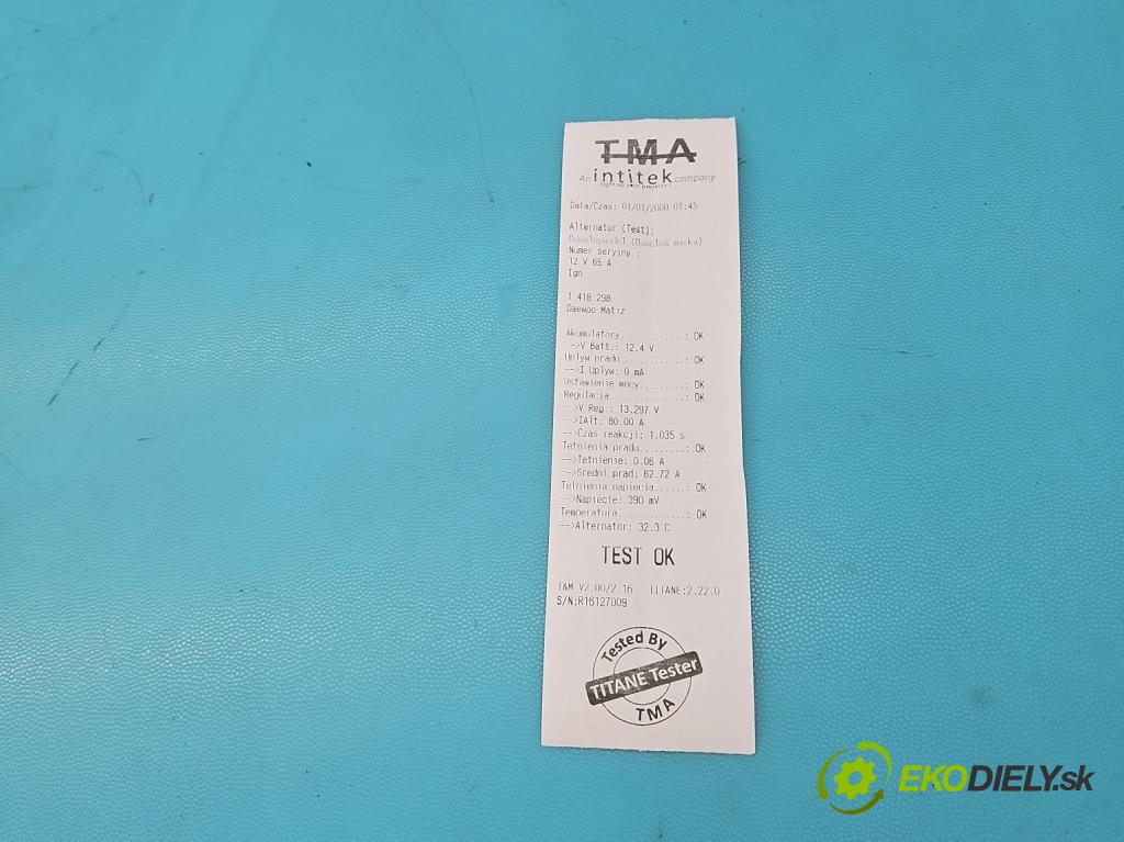 Daewoo Matiz 0.8 51KM manual 37,5 kW 796 cm3 5- Alternator 96314258 (Alternátory)
