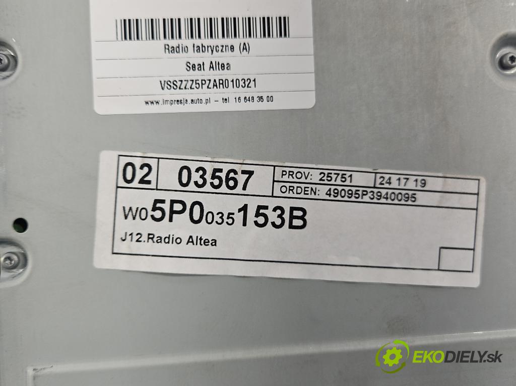 Seat Altea 1.4 tsi 125 HP manual 92 kW 1390 cm3 5- Radio originál 5P0035153B