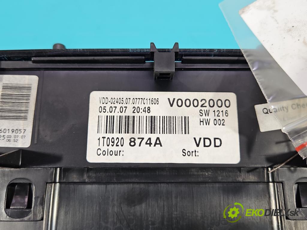 Vw Touran I 2003-2015 2.0 tdi 170 HP automatic 125 kW 1968 cm3 5- prístrojovka/ budíky 1T0920874A (Prístrojové dosky, displeje)