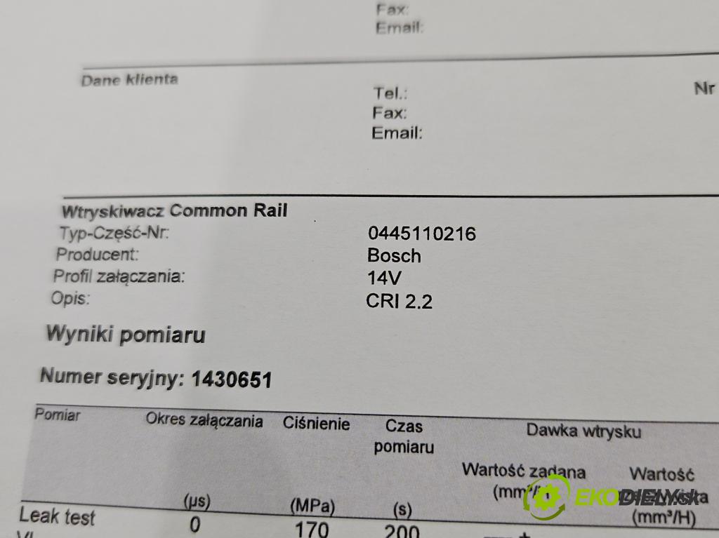 Bmw 5 E60 2003-2010 3.0d 218 HP automatic 160 kW 2993 cm3 5- vstrek 0445110216 (Vstrekovač paliva)