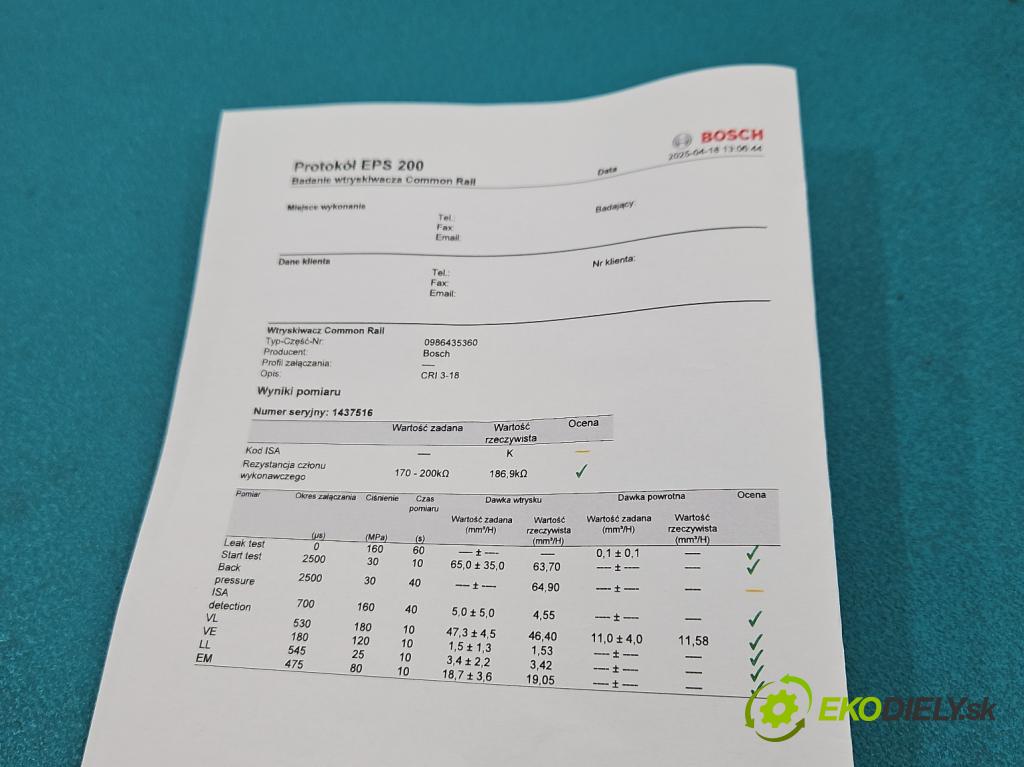 Audi A4 B8 2007-2015 2.0 tdi 143 HP automatic 105 kW 1968 cm3 5- vstrek 0986435360 (Vstrekovač paliva)
