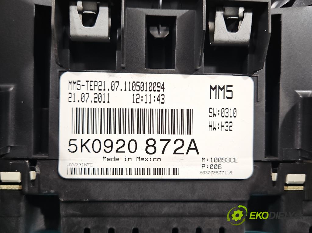 Vw Golf VI 2008-2013 1.6 tdi 105 HP manual 77 kW 1598 cm3 5- prístrojovka/ budíky 5K0920872A (Prístrojová doska, displej)