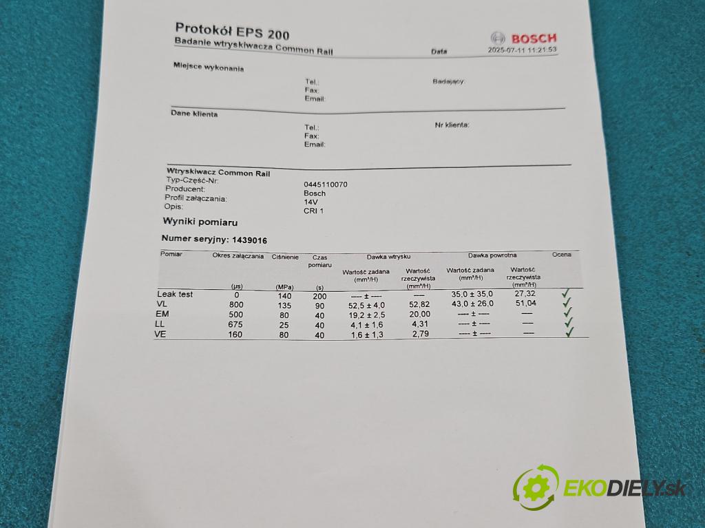 Mercedes Sprinter I 1995-2006 2,2.0 cdi 129 HP manual 95 kW 2148 cm3 5- vstrek 0445110070 (Vstrekovač paliva)