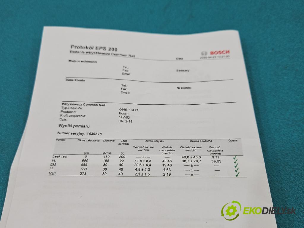 Skoda Octavia III 2013- 1.6 tdi 105 HP manual 77 kW 1598 cm3 5- vstrek 0445110477 (Vstrekovač paliva)