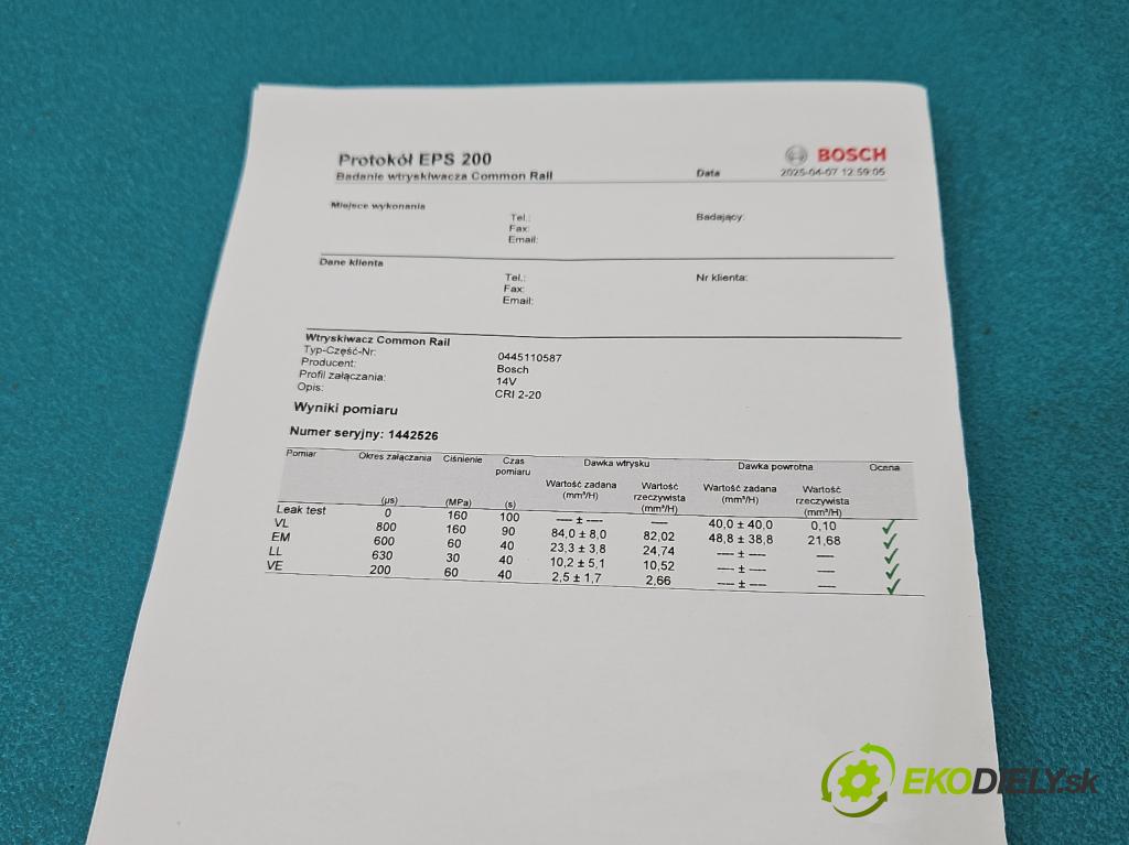 Kia Rio IV 2016-2023 1.4 crdi 90 HP manual 66 kW 1396 cm3 5- vstrek 0445110587 (Vstrekovač paliva)