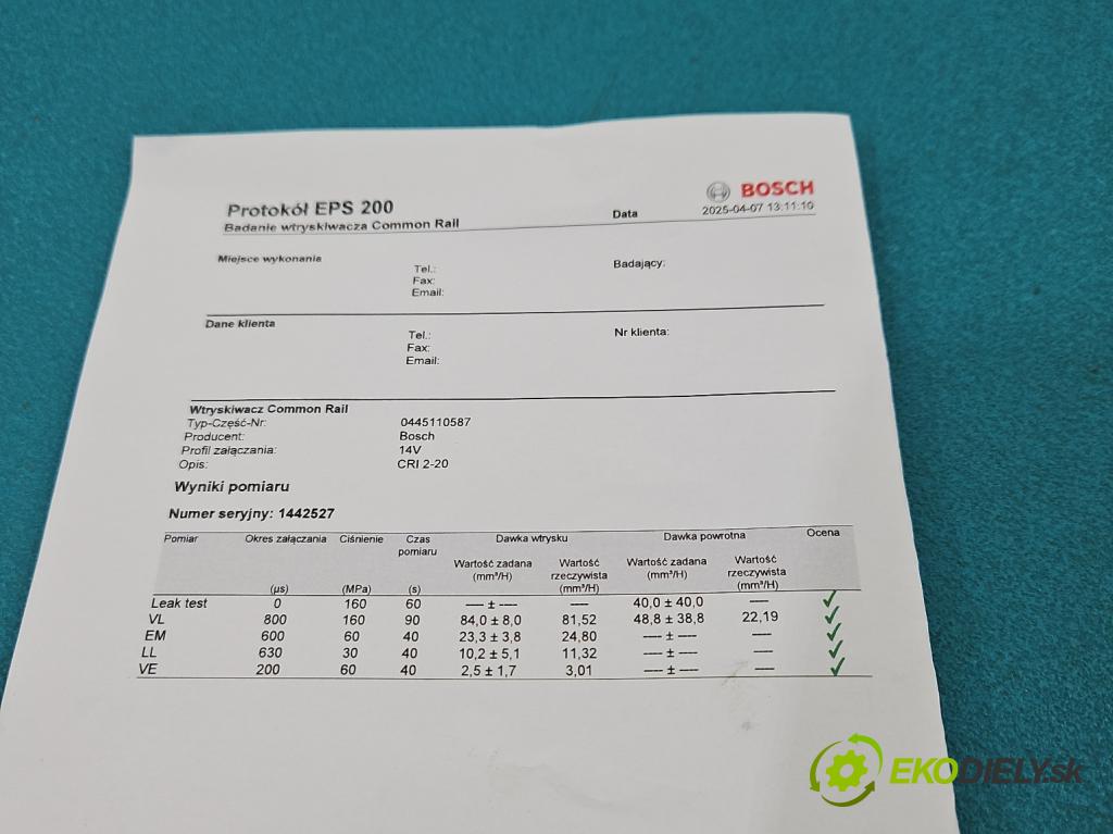 Kia Rio IV 2016-2023 1.4 crdi 90 HP manual 66 kW 1396 cm3 5- vstrek 0445110587 (Vstrekovač paliva)