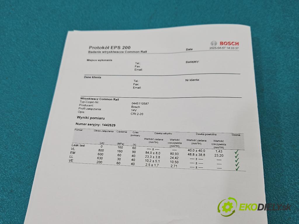 Kia Rio IV 2016-2023 1.4 crdi 90 HP manual 66 kW 1396 cm3 5- vstrek 0445110587 (Vstrekovač paliva)