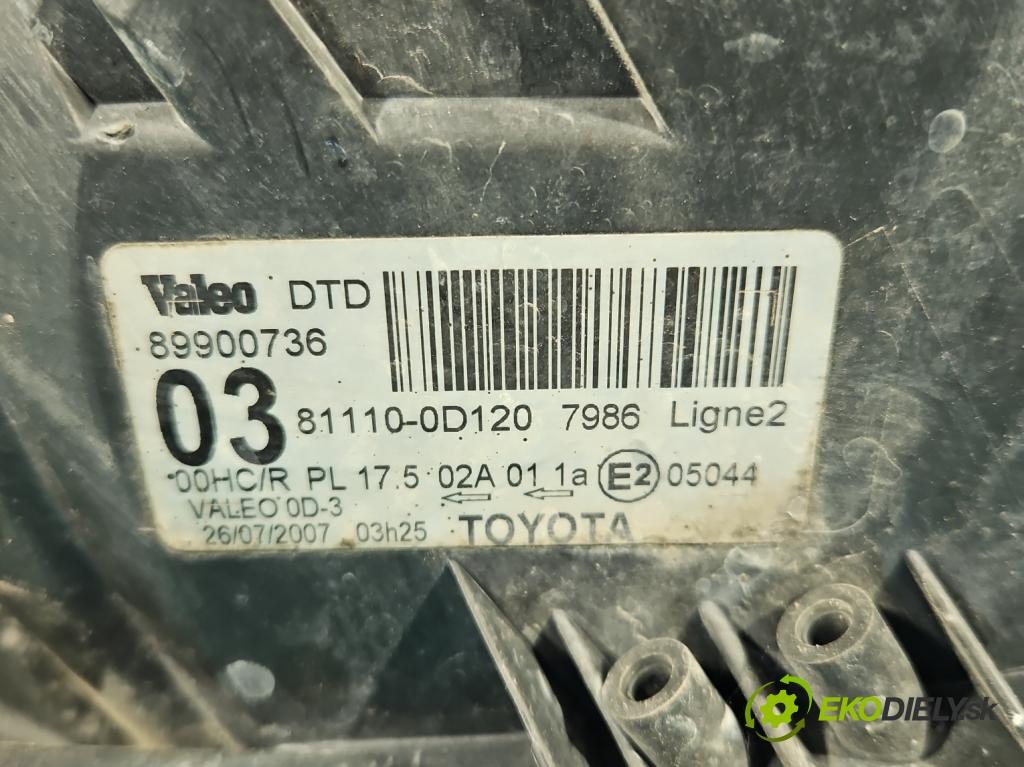 Toyota Yaris II 2005-2011 1.0 vvti 69KM manual 51 kW 998 cm3 5- Reflektor: pravý 81110-0D120 (Svetlo predné pravé)