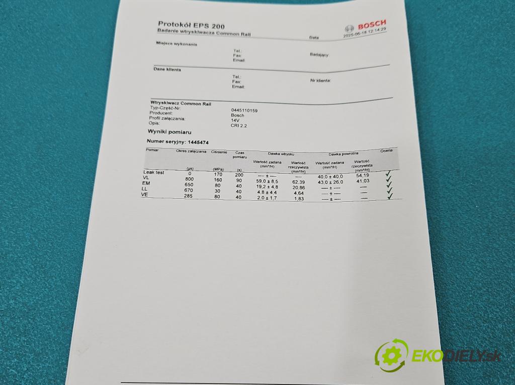 Opel Vectra C 2002-2008 1.9 cdti 150 HP manual 110 kW 1910 cm3 5- vstrek 0445110159 (Vstrekovač paliva)