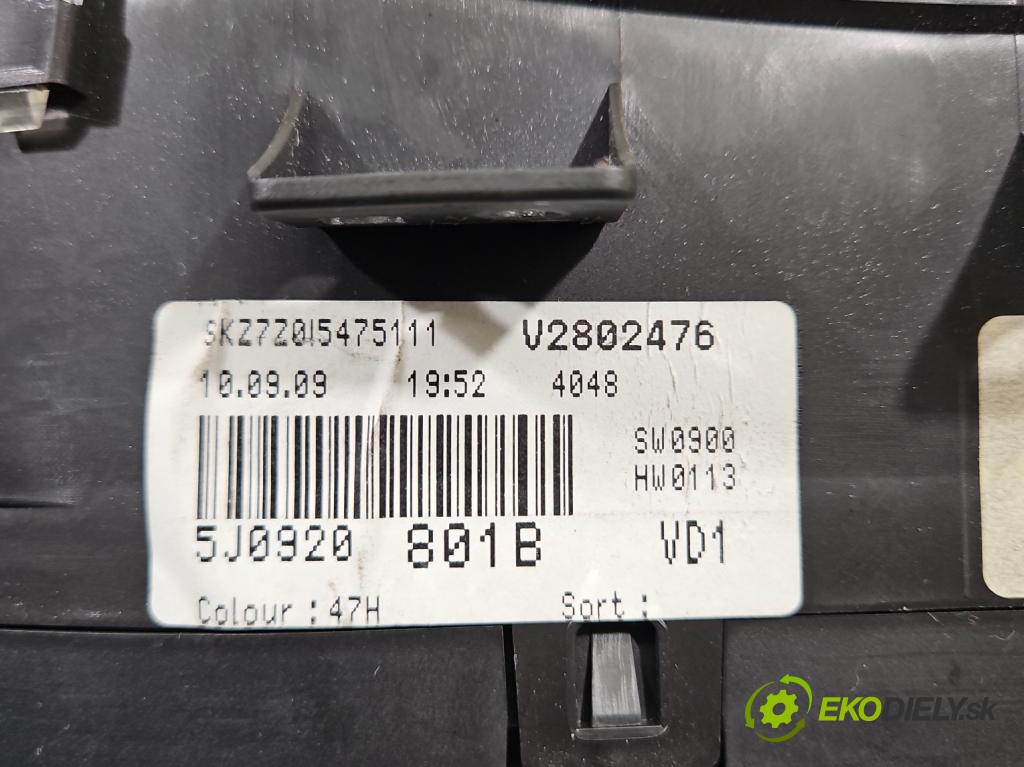Skoda Fabia II 2007-2014 1.2 12V 69KM manual 51 kW 1198 cm3 5- prístrojovka/ budíky 5J0920801B (Prístrojová doska, displej)