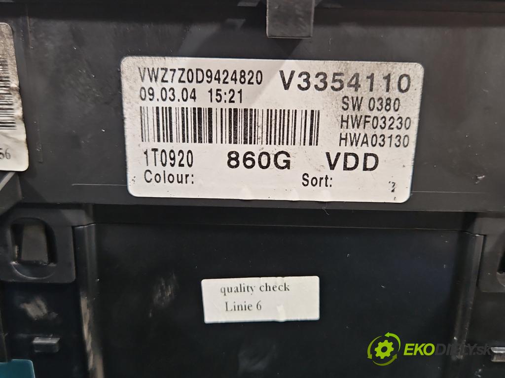 Vw Touran I 2003-2015 2.0 tdi 136 HP manual 100 kW 1968 cm3 5- prístrojovka/ budíky 1T0920860G (Prístrojová doska)