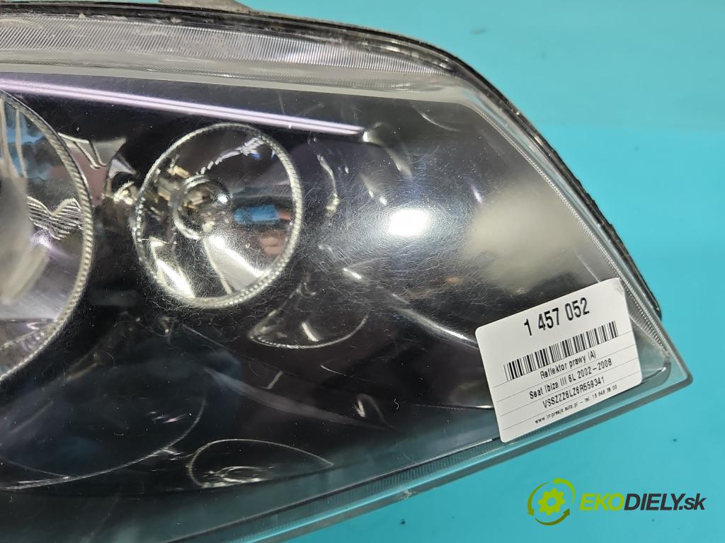 Seat Ibiza III 6L 2002-2008 1.4 16V 75 HP manual 55 kW 1390 cm3 5- Reflektor: pravý 6L1941006E (Svetlo predné pravé)