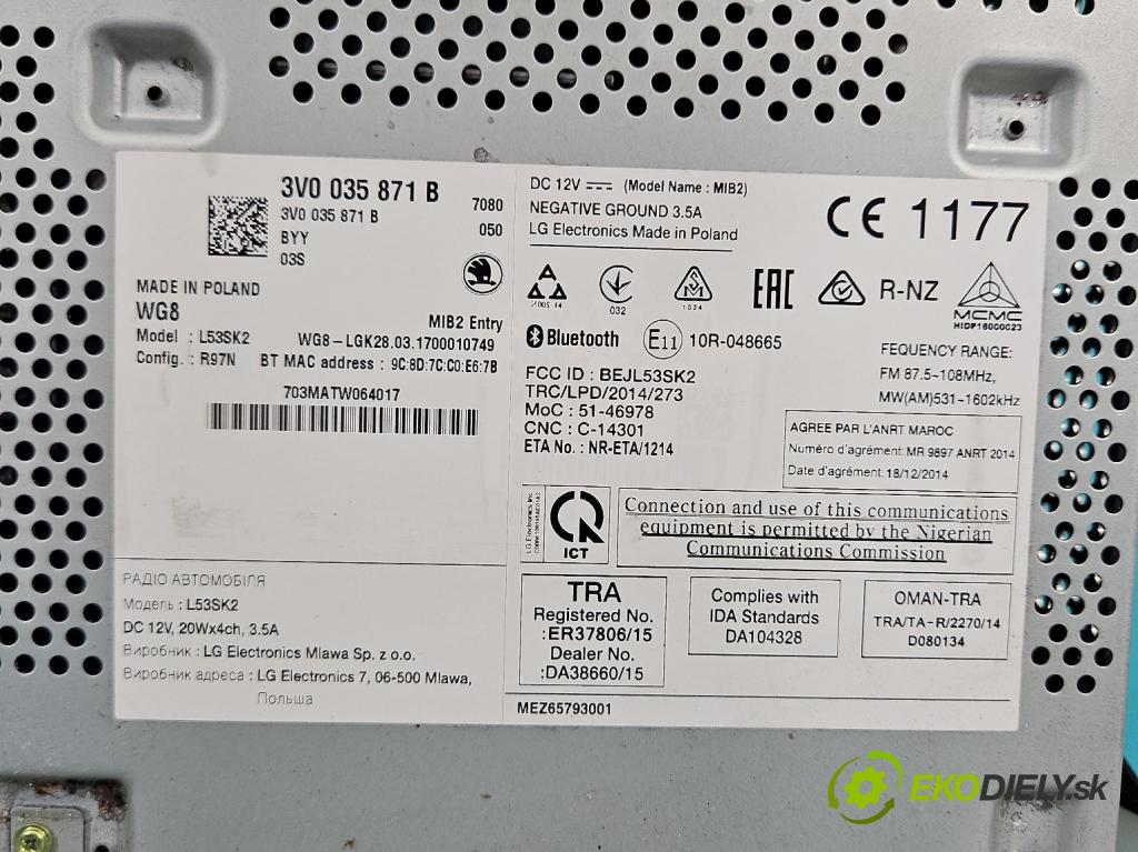 Skoda Superb III 2015-2024 1.4 TSI 150 HP manual 110 kW 1395 cm3 5- Radio originál 3V0035871B