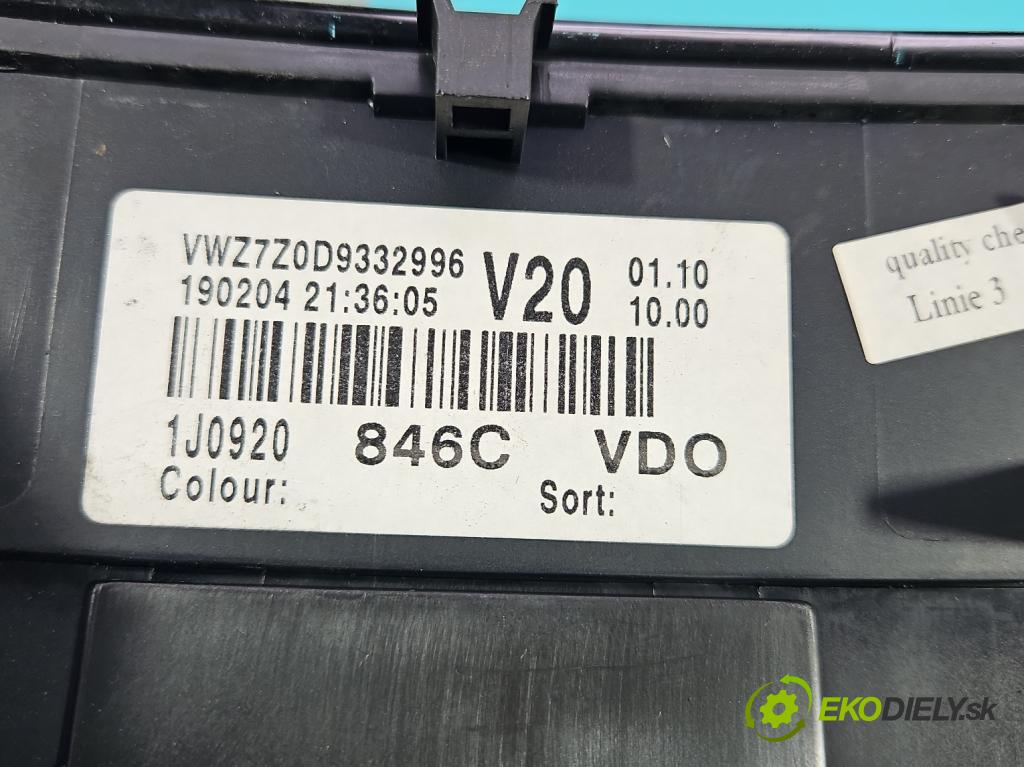 Vw Golf IV 1997-2003 1.9 tdi 101 HP manual 74 kW 1896 cm3 5- prístrojovka/ budíky 1J0920846C (Prístrojová doska)