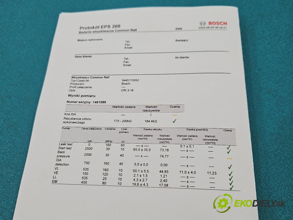 Audi A8 D3 2002-2009 3.0 tdi 211KM automatic 155 kW 2967 cm3 4- vstrek 0445115052 (Vstrekovač paliva)