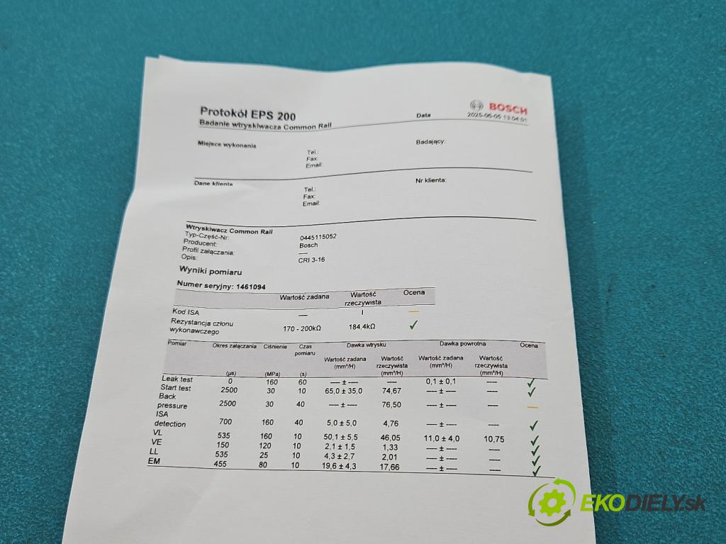 Audi A8 D3 2002-2009 3.0 tdi 211KM automatic 155 kW 2967 cm3 4- vstrek 0445115052 (Vstrekovač paliva)
