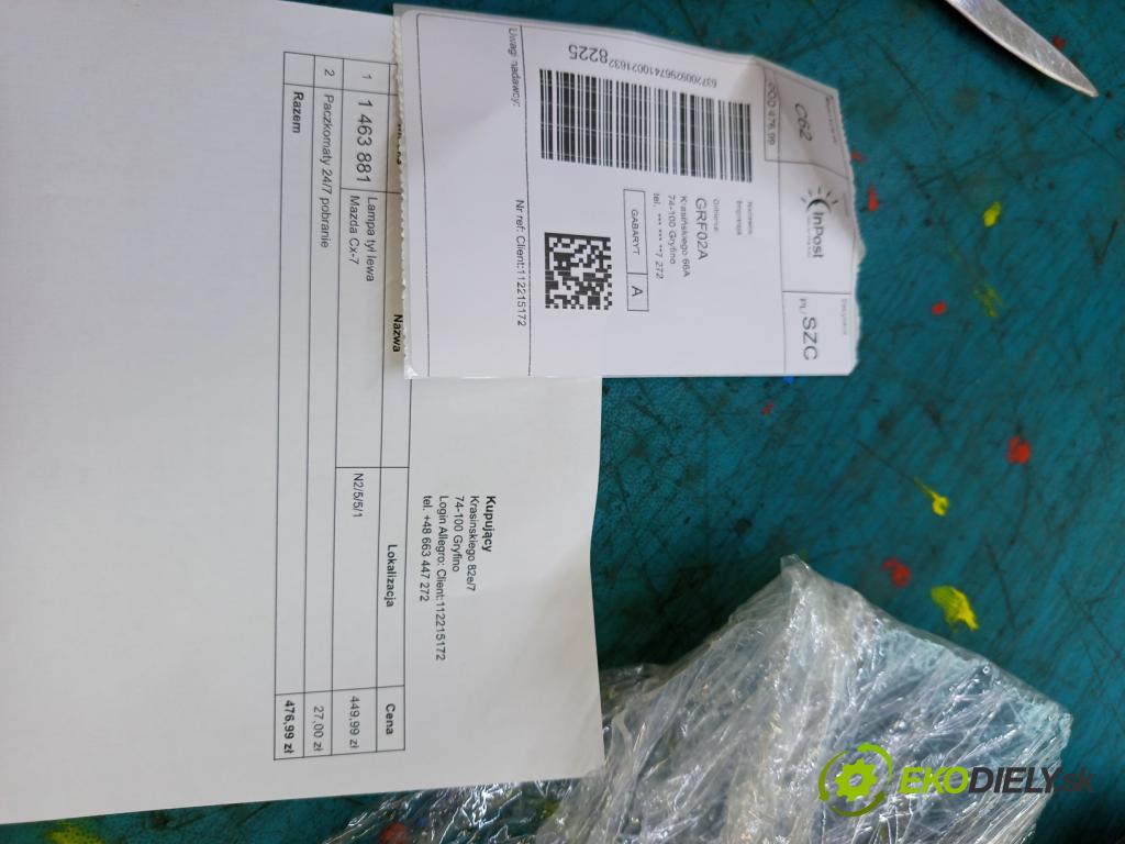 Mazda Cx-7 2.3 T 245KM automatic 180 kW 2260 cm3 5- svetlo / reflektor zadné ľavé  (Kľučka dverí ostatné)