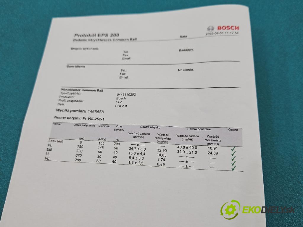 Citroen C3 II 2009-2016 1.4 hdi 68 hp manual 50 kW 1398 cm3 5- vstřikovač 0445110252 (Vstřikovače)