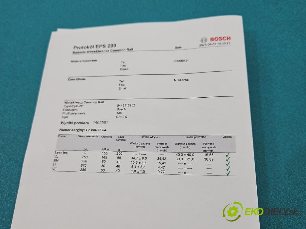 Citroen C3 II 2009-2016 1.4 hdi 68 hp manual 50 kW 1398 cm3 5- vstřikovač 0445110252 (Vstřikovače)