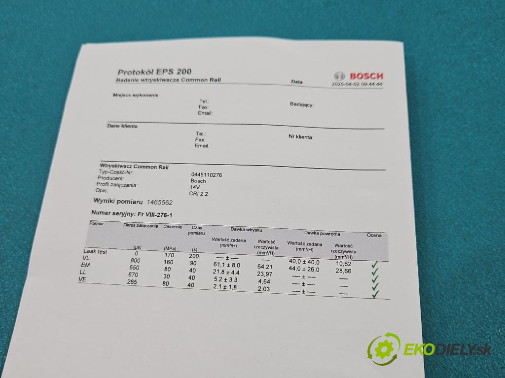 Opel Zafira B 2005-2014 1.9 cdti 120 HP manual 88 kW 1910 cm3 5- vstrek 0445110276 (Vstrekovač paliva)