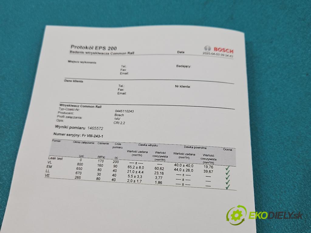 Fiat Croma II 2005-2010 1.9 jtd 150 hp manual 110 kW 1910 cm3 5- vstřikovač 0445110243 (Vstřikovače)