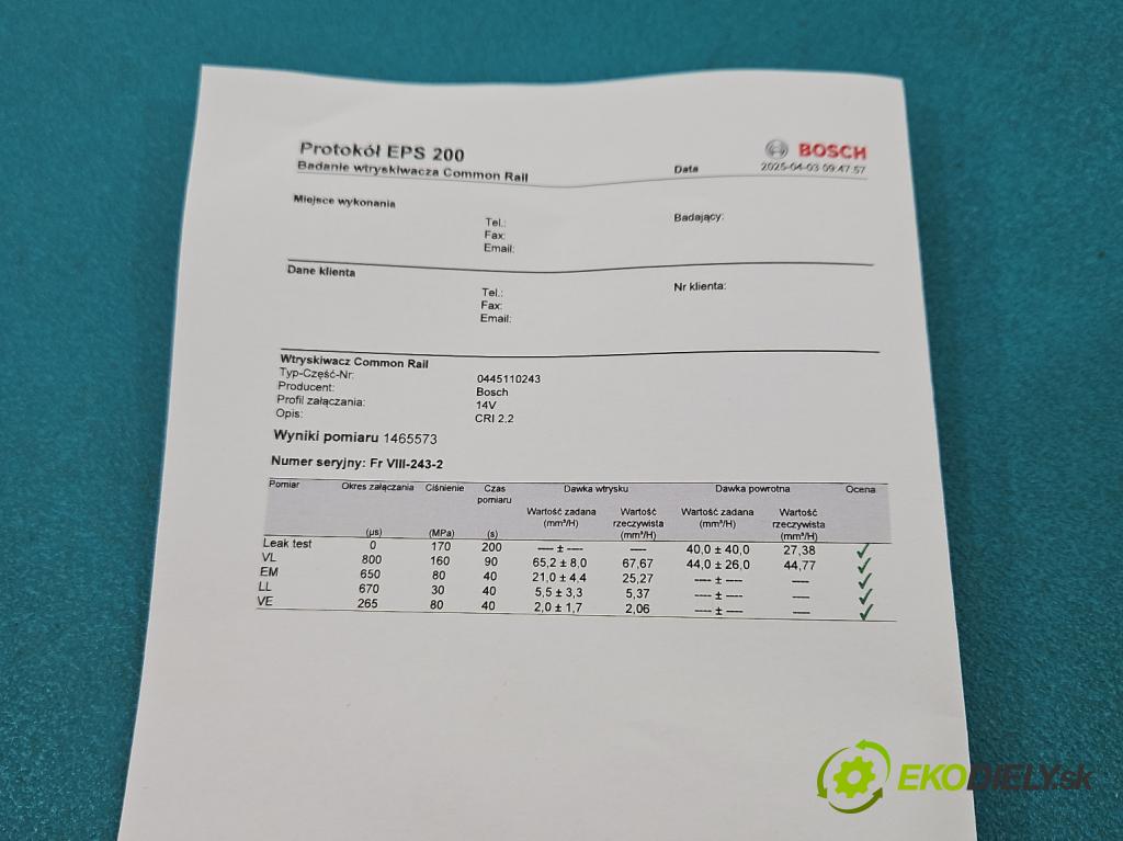 Fiat Croma II 2005-2010 1.9 jtd 150 hp manual 110 kW 1910 cm3 5- vstřikovač 0445110243 (Vstřikovače)