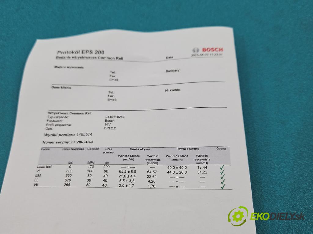 Fiat Croma II 2005-2010 1.9 jtd 150 hp manual 110 kW 1910 cm3 5- vstřikovač 0445110243 (Vstřikovače)