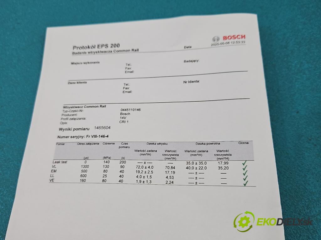 Opel Vivaro 2001-2014 1.9 cdti 101 HP manual 74 kW 1870 cm3 5- vstrek 0445110146 (Vstrekovač paliva)