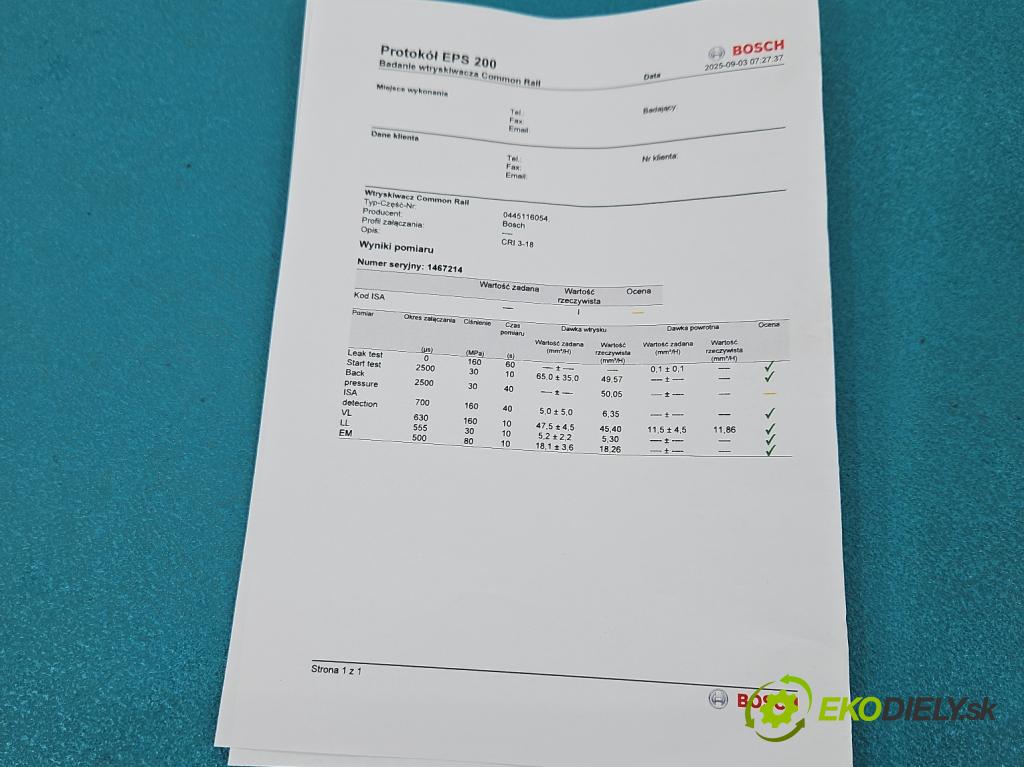 Toyota Yaris III 2011-2020 1.4 D4D 90 HP manual 66 kW 1364 cm3 5- vstrek 0445116054 (Vstrekovač paliva)