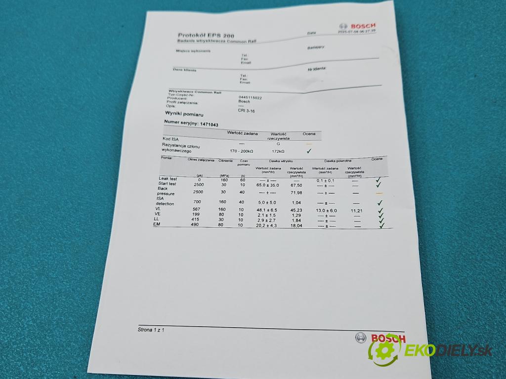 Renault Espace IV 2003-2014 2.0 dci 173KM automatic 127 kW 1995 cm3 5- vstrek 0445115022 (Vstrekovač paliva)