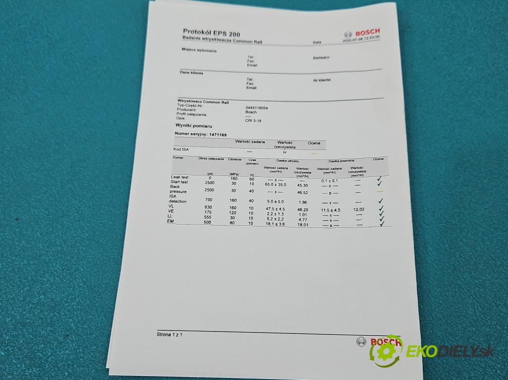 Toyota Yaris II 2005-2011 1.4 D4D 90 HP manual 66 kW 1364 cm3 5- vstrek 0445116054 (Vstrekovač paliva)