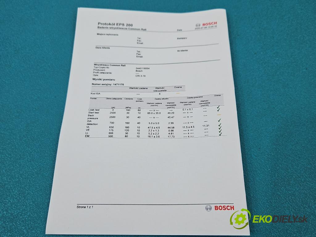 Toyota Yaris II 2005-2011 1.4 D4D 90 HP manual 66 kW 1364 cm3 5- vstrek 0445116054 (Vstrekovač paliva)