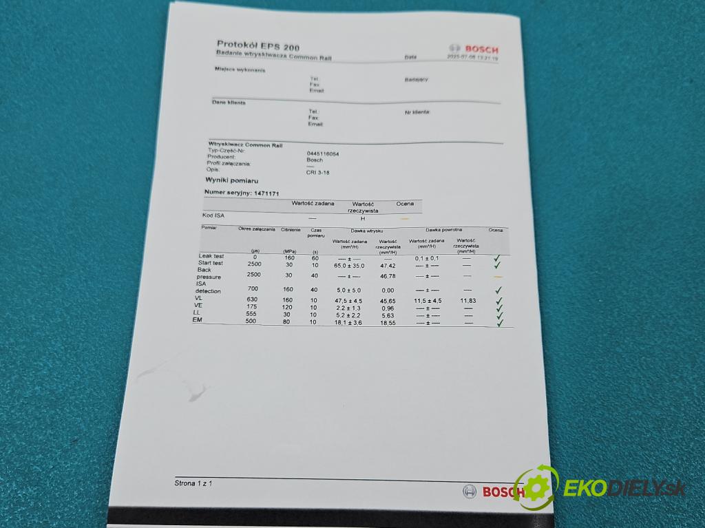 Toyota Yaris II 2005-2011 1.4 D4D 90 HP manual 66 kW 1364 cm3 5- vstrek 0445116054 (Vstrekovač paliva)