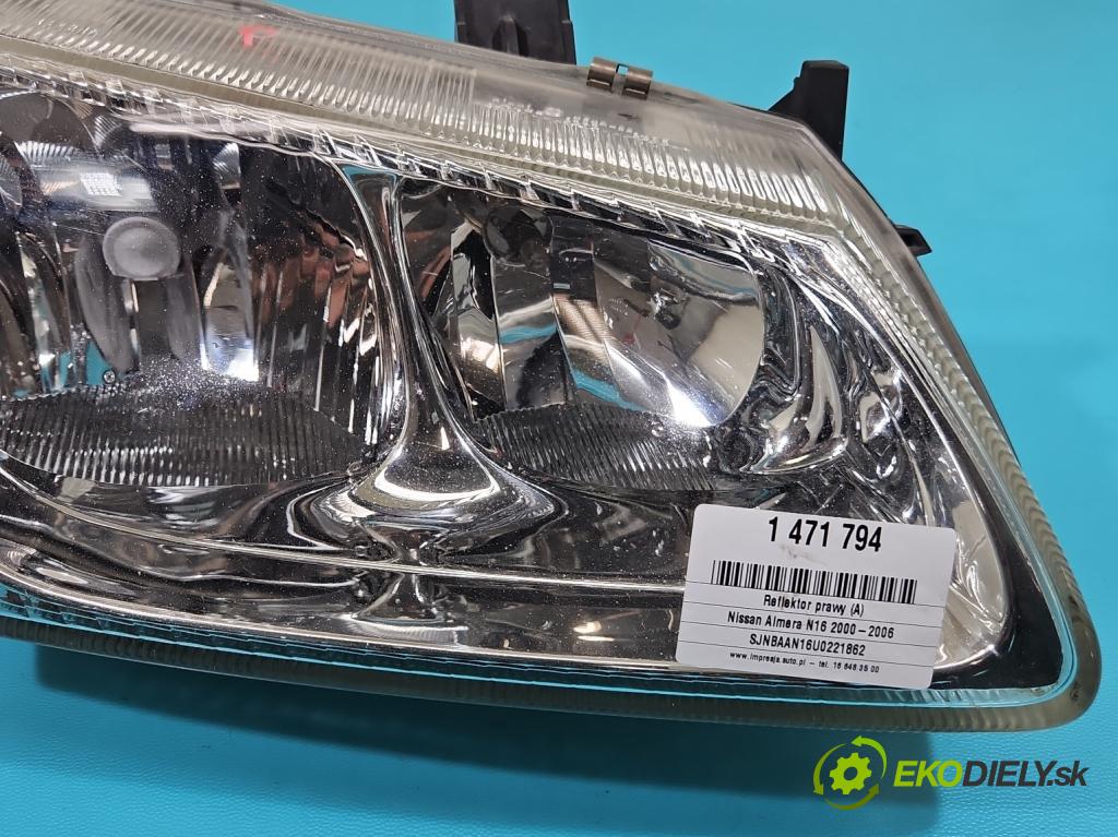 Nissan Almera N16 2000-2006 1.5 16V 90 HP manual 66 kW 1498 cm3 4- Reflektor: pravý 26010BN011 (Svetlo predné pravé)