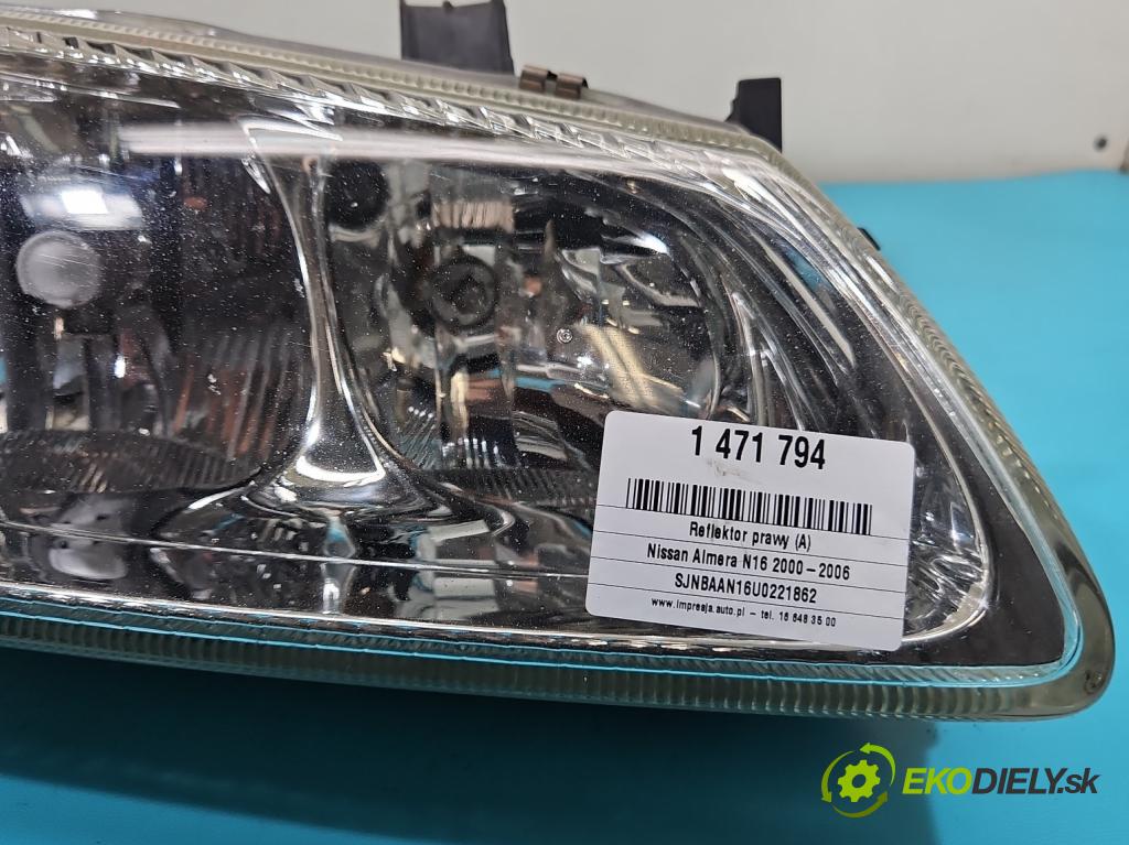 Nissan Almera N16 2000-2006 1.5 16V 90 HP manual 66 kW 1498 cm3 4- Reflektor: pravý 26010BN011 (Svetlo predné pravé)