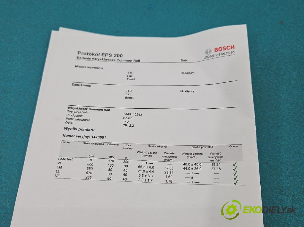 Saab 9-5 1.9 TiD 150 hp manual 110 kW 1910 cm3 5- vstřikovač 0445110243 (Vstřikovač paliva)