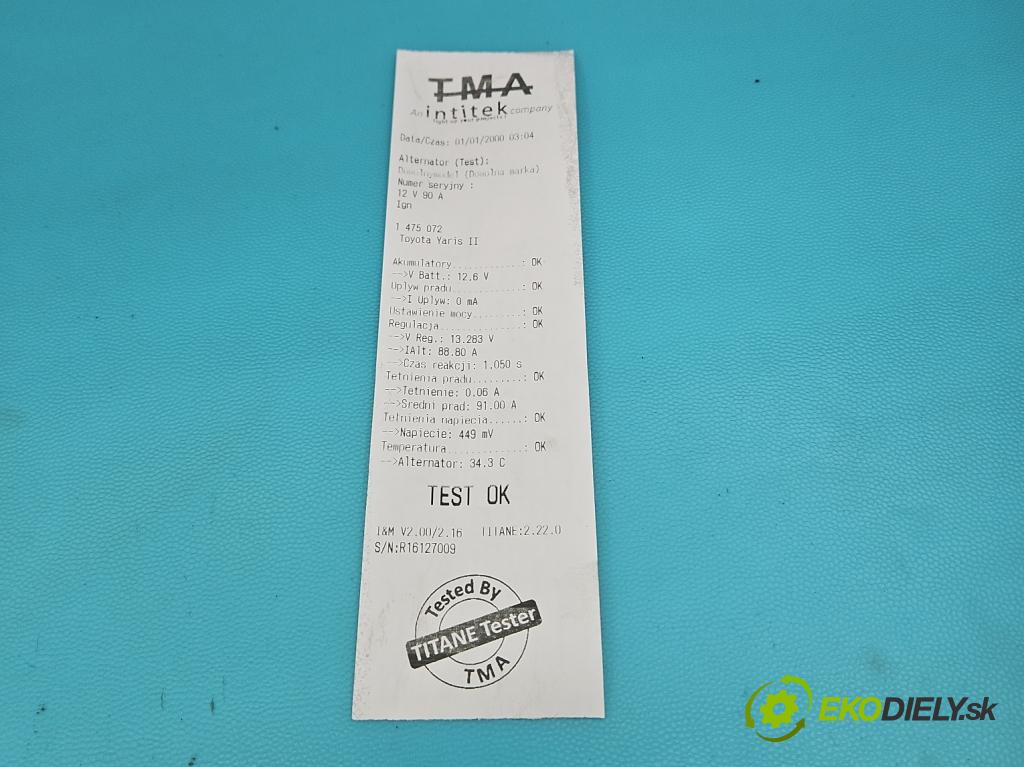 Toyota Yaris II 2005-2011 1.4 D4D 90 HP manual 66 kW 1364 cm3 5- Alternator 27060-0N011 (Alternátor)