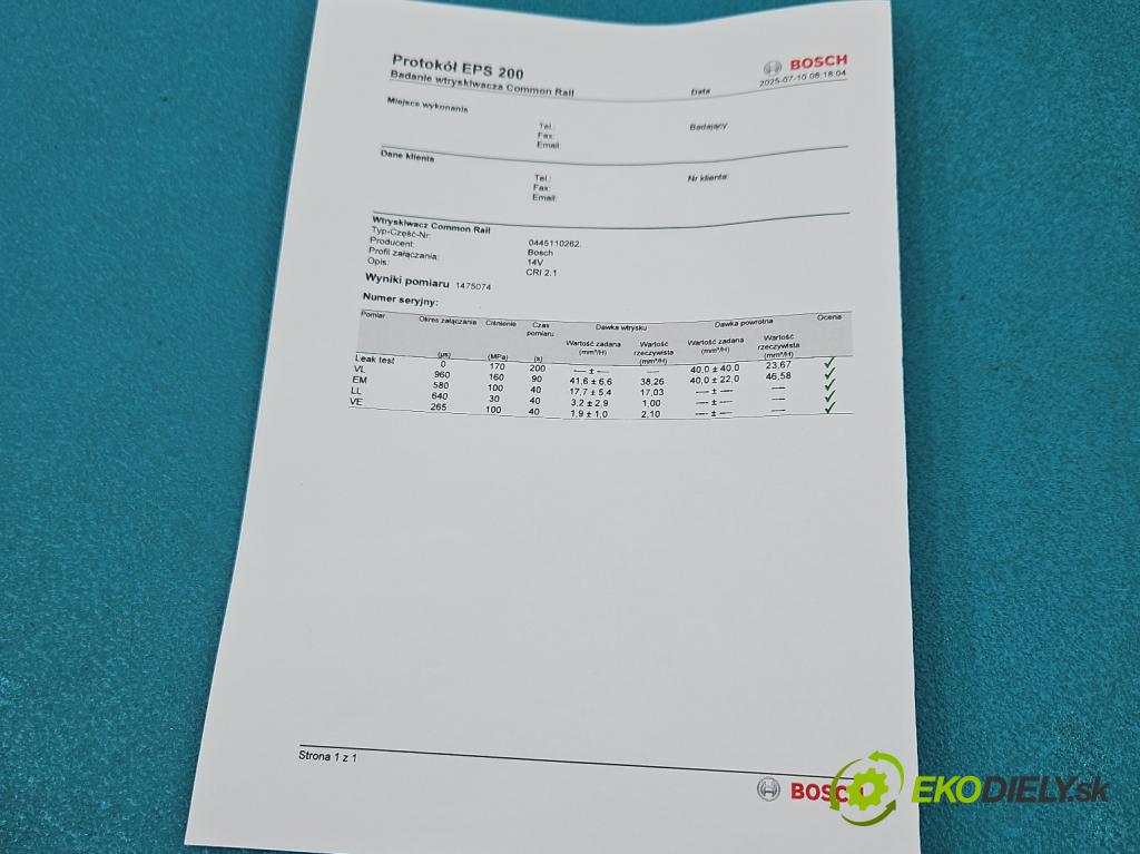 Toyota Yaris II 2005-2011 1.4 D4D 90 HP manual 66 kW 1364 cm3 5- vstrek 0445110262 (Vstrekovač paliva)