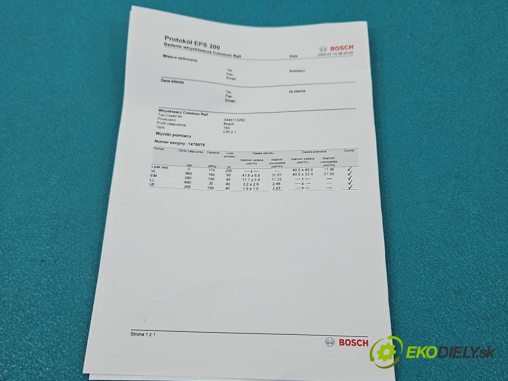 Toyota Yaris II 2005-2011 1.4 D4D 90 HP manual 66 kW 1364 cm3 5- vstrek 0445110262 (Vstrekovač paliva)