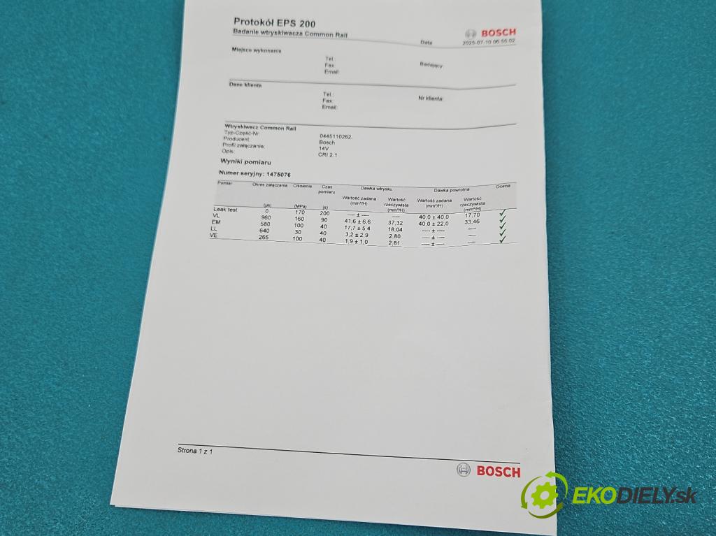 Toyota Yaris II 2005-2011 1.4 D4D 90 HP manual 66 kW 1364 cm3 5- vstrek 0445110262 (Vstrekovač paliva)