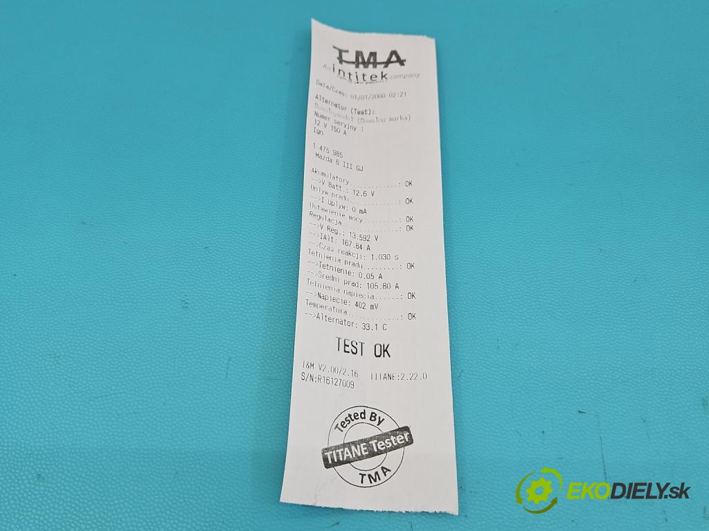 Mazda 6 III GJ 2012-2024 2.2d 150 HP manual 110 kW 2190 cm3 4- Alternator A2TX9181 (Alternátor)