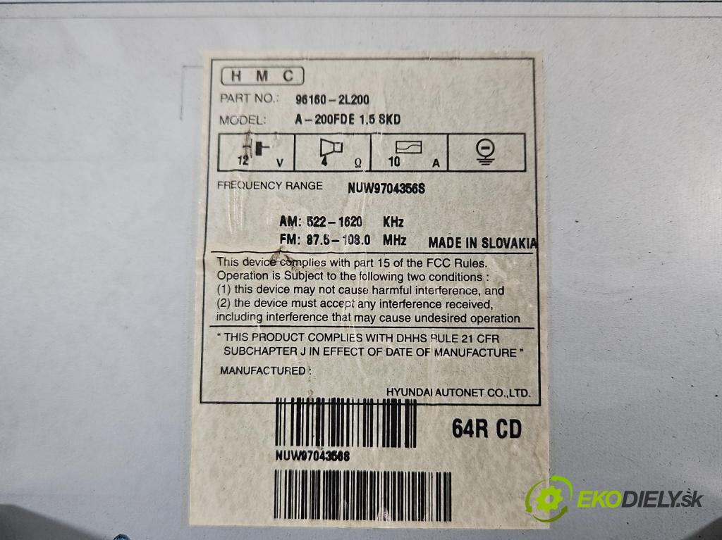 Hyundai I30 I 2007-2012 1.4 16V 109 HP manual 80,2 kW 1396 cm3 5- Radio originál 96160-2L200