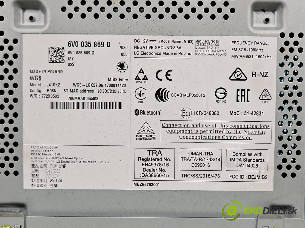 Skoda Fabia III 2014- 2021 1.0 TSI 95 HP manual 70 kW 999 cm3 5- Radio originál 6V0035869D