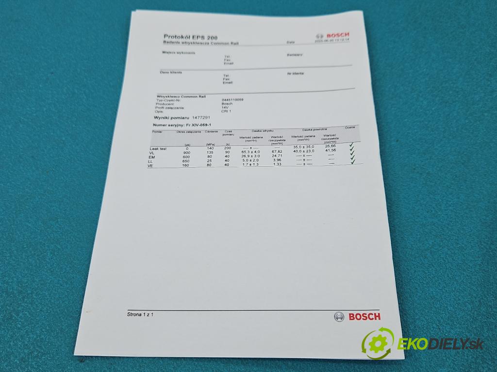 Chrysler Voyager IV 2000-2007 2.5 CRDI 121KM manual 89 kW 2499 cm3 5- vstrek 0445110059 (Vstrekovač paliva)