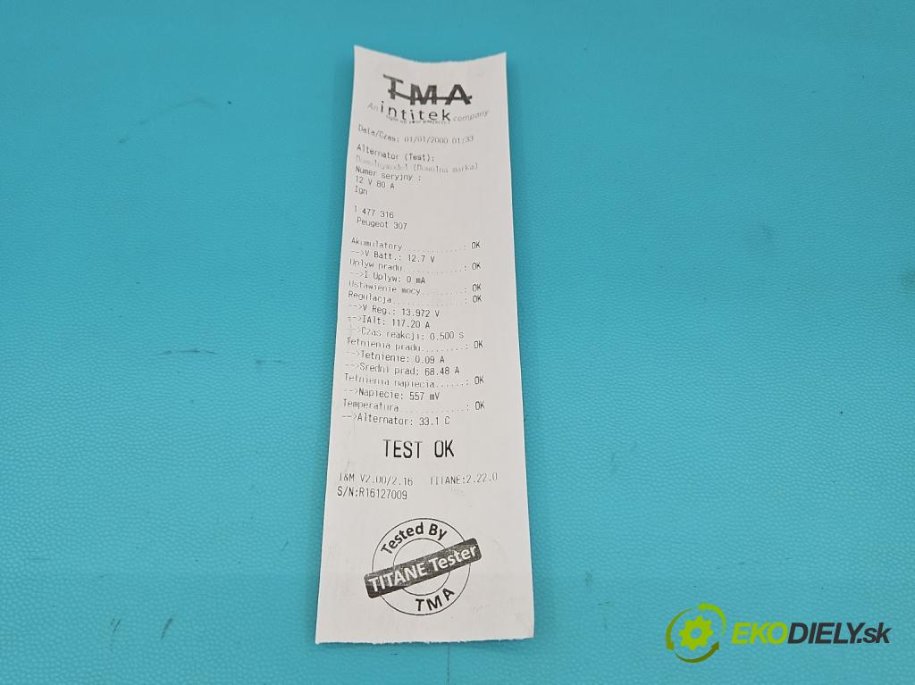 Peugeot 307 1.6 16V 109 HP manual 80 kW 1587 cm3 5- Alternator  (Alternátor)