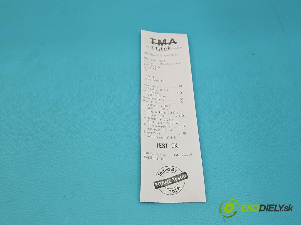 Skoda Fabia III 2014- 2021 1.0 TSI 95 HP manual 70 kW 999 cm3 5- Alternator 04E903015 (Alternátor)